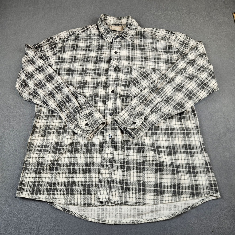 Open Trails Mens Large Flannel Shirt Black White Plaid Cotton Button Down L